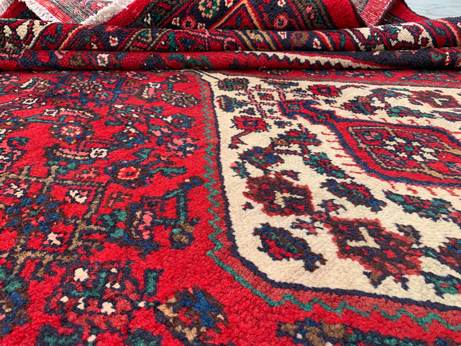 11'7 x 8'8 Handgeknoopt Perzisch wollen tapijt in rood, marineblauw & ivoor met traditioneel medaillonontwerp | KBHM-1075