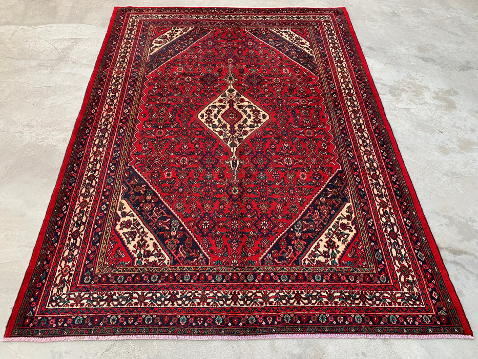 11'7 x 8'8 Handgeknoopt Perzisch wollen tapijt in rood, marineblauw & ivoor met traditioneel medaillonontwerp | KBHM-1075