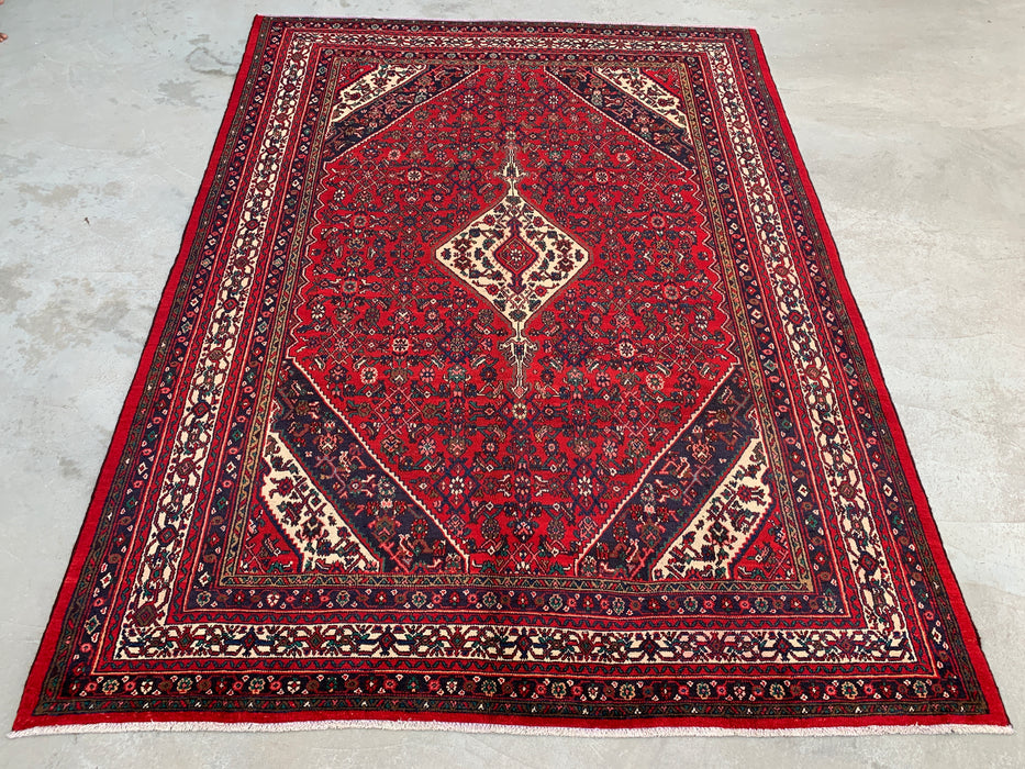 11'7 x 8'8 Handgeknoopt Perzisch wollen tapijt in rood, marineblauw & ivoor met traditioneel medaillonontwerp | KBHM-1075