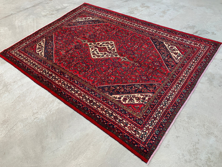 11'7 x 8'8 Handgeknoopt Perzisch wollen tapijt in rood, marineblauw & ivoor met traditioneel medaillonontwerp | KBHM-1075