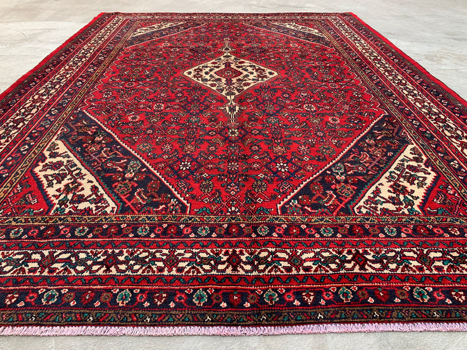 11'7 x 8'8 Handgeknoopt Perzisch wollen tapijt in rood, marineblauw & ivoor met traditioneel medaillonontwerp | KBHM-1075