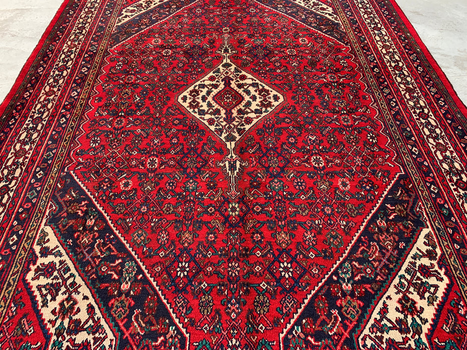 11'7 x 8'8 Handgeknoopt Perzisch wollen tapijt in rood, marineblauw & ivoor met traditioneel medaillonontwerp | KBHM-1075