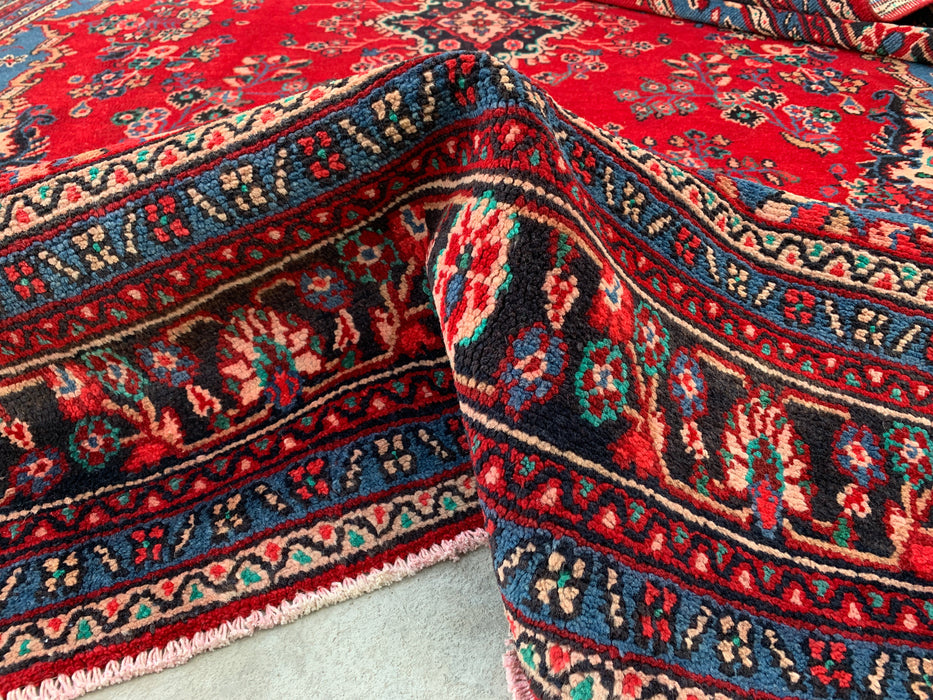 11'8 x 8'10 Handgeknoopt Perzisch wollen tapijt in rood, blauw & ivoor met traditioneel bloemenmedaillonontwerp | KBHM-1076
