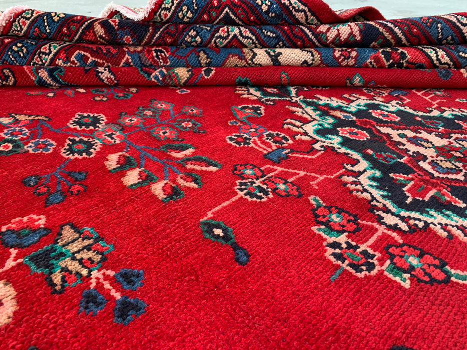 11'8 x 8'10 Handgeknoopt Perzisch wollen tapijt in rood, blauw & ivoor met traditioneel bloemenmedaillonontwerp | KBHM-1076