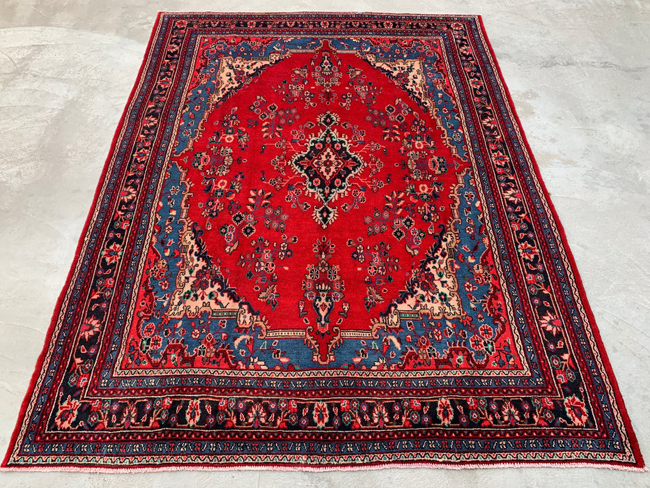 11'8 x 8'10 Handgeknoopt Perzisch wollen tapijt in rood, blauw & ivoor met traditioneel bloemenmedaillonontwerp | KBHM-1076