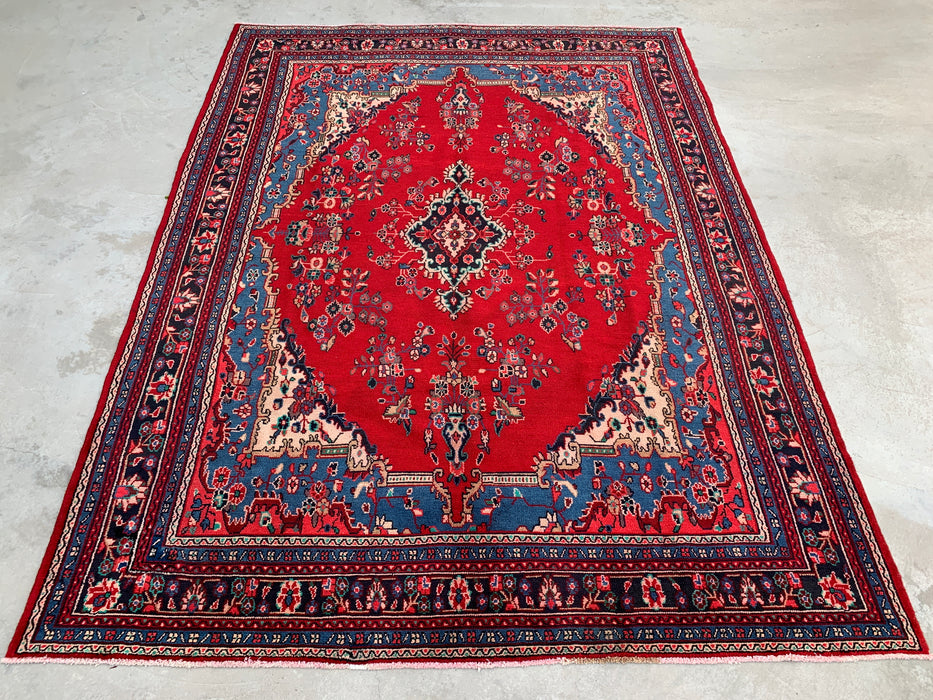11'8 x 8'10 Handgeknoopt Perzisch wollen tapijt in rood, blauw & ivoor met traditioneel bloemenmedaillonontwerp | KBHM-1076