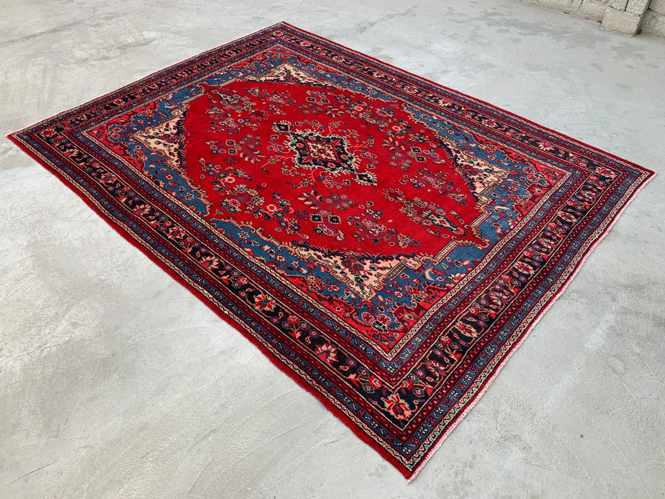 11'8 x 8'10 Handgeknoopt Perzisch wollen tapijt in rood, blauw & ivoor met traditioneel bloemenmedaillonontwerp | KBHM-1076