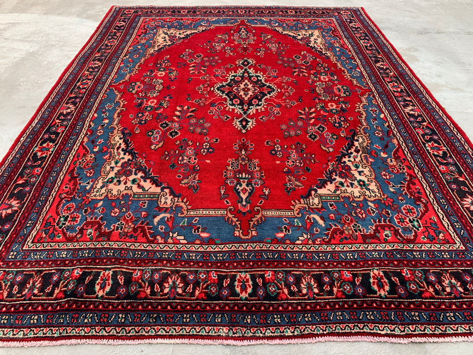 11'8 x 8'10 Handgeknoopt Perzisch wollen tapijt in rood, blauw & ivoor met traditioneel bloemenmedaillonontwerp | KBHM-1076