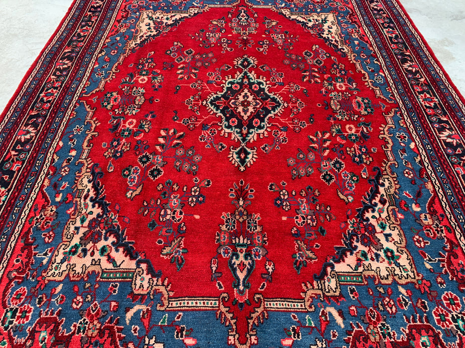 11'8 x 8'10 Handgeknoopt Perzisch wollen tapijt in rood, blauw & ivoor met traditioneel bloemenmedaillonontwerp | KBHM-1076