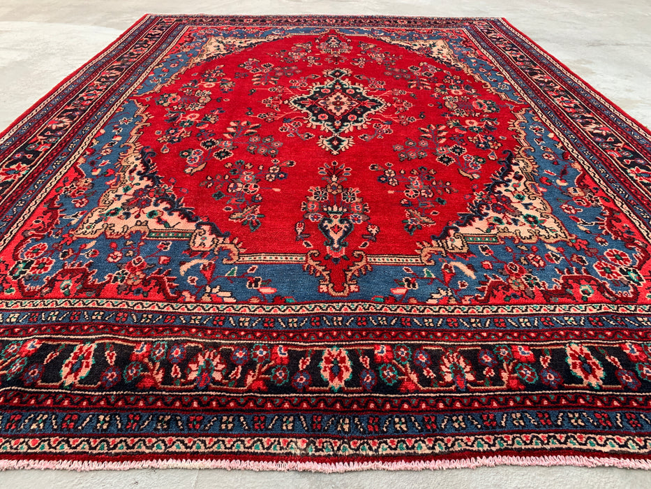 11'8 x 8'10 Handgeknoopt Perzisch wollen tapijt in rood, blauw & ivoor met traditioneel bloemenmedaillonontwerp | KBHM-1076