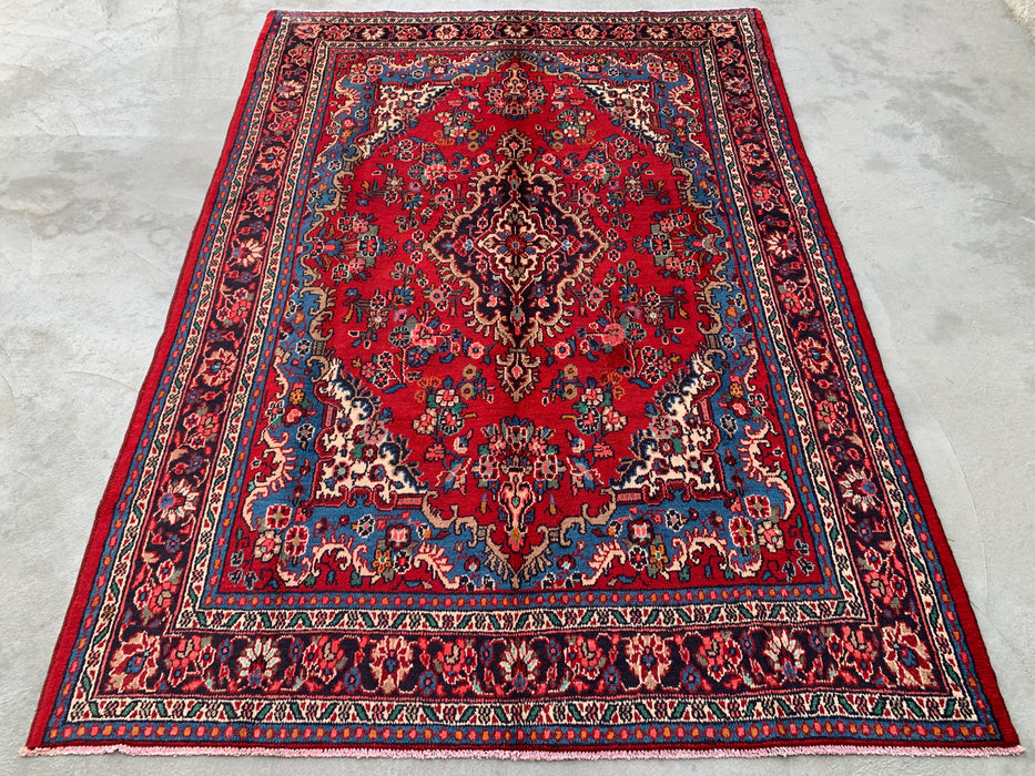 Handgemaakt Perzisch wollen vloerkleed 215x305 cm - Traditioneel Perzisch tapijt met medaillon in rood, blauw & ivoor - Exacte afmeting 297 cm x 213 cm - KBHM-1086