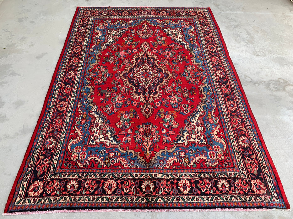 Handgemaakt Perzisch wollen vloerkleed 215x305 cm - Traditioneel Perzisch tapijt met medaillon in rood, blauw & ivoor - Exacte afmeting 297 cm x 213 cm - KBHM-1086