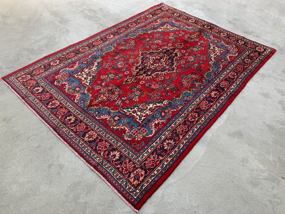 Handgemaakt Perzisch wollen vloerkleed 215x305 cm - Traditioneel Perzisch tapijt met medaillon in rood, blauw & ivoor - Exacte afmeting 297 cm x 213 cm - KBHM-1086