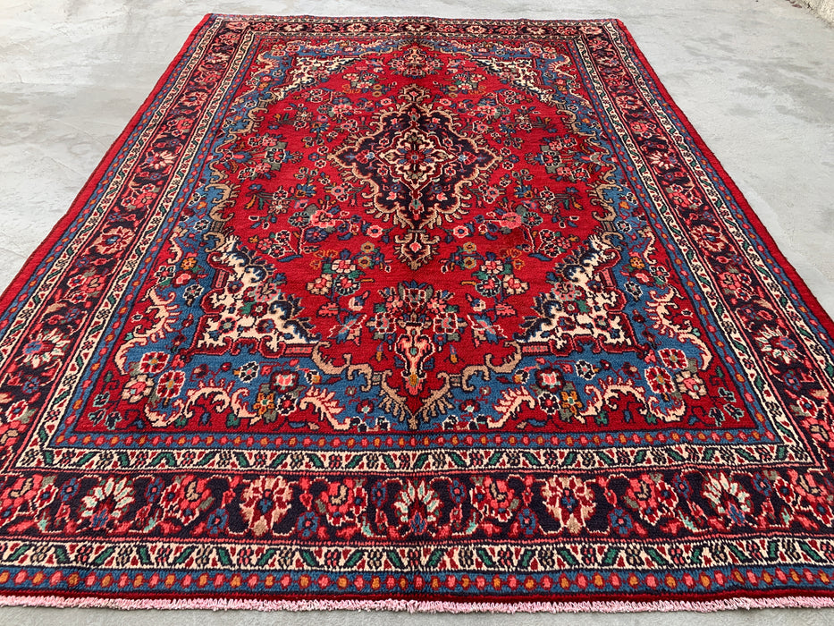 Handgemaakt Perzisch wollen vloerkleed 215x305 cm - Traditioneel Perzisch tapijt met medaillon in rood, blauw & ivoor - Exacte afmeting 297 cm x 213 cm - KBHM-1086
