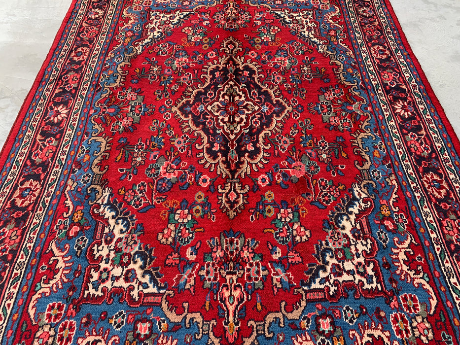 Handgemaakt Perzisch wollen vloerkleed 215x305 cm - Traditioneel Perzisch tapijt met medaillon in rood, blauw & ivoor - Exacte afmeting 297 cm x 213 cm - KBHM-1086