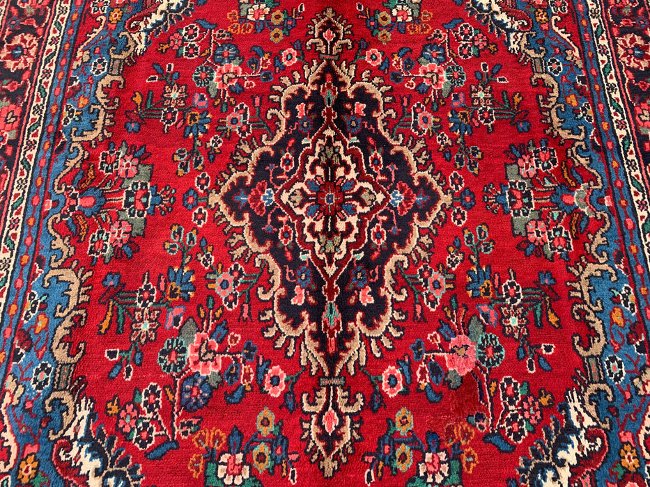Handgemaakt Perzisch wollen vloerkleed 215x305 cm - Traditioneel Perzisch tapijt met medaillon in rood, blauw & ivoor - Exacte afmeting 297 cm x 213 cm - KBHM-1086