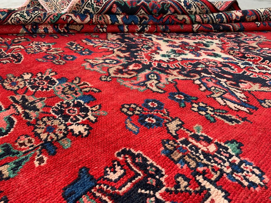Handgemaakt Perzisch wollen vloerkleed 7x10 - Rood, blauw & ivoor traditioneel bloemenmedaillon Perzische stijl kleed - Exacte afmeting 10'3" x 7'2" - KBHM-1087