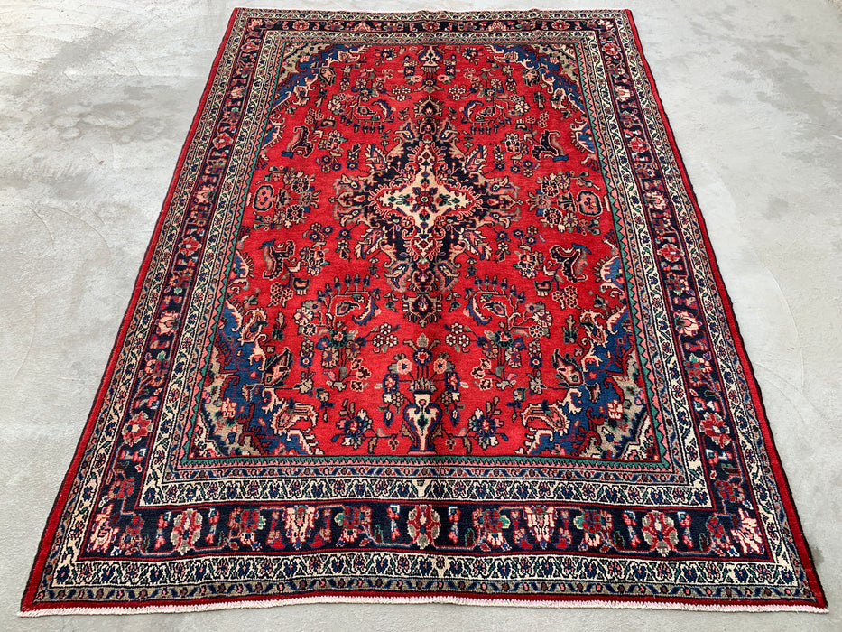 Handgemaakt Perzisch wollen vloerkleed 7x10 - Rood, blauw & ivoor traditioneel bloemenmedaillon Perzische stijl kleed - Exacte afmeting 10'3" x 7'2" - KBHM-1087