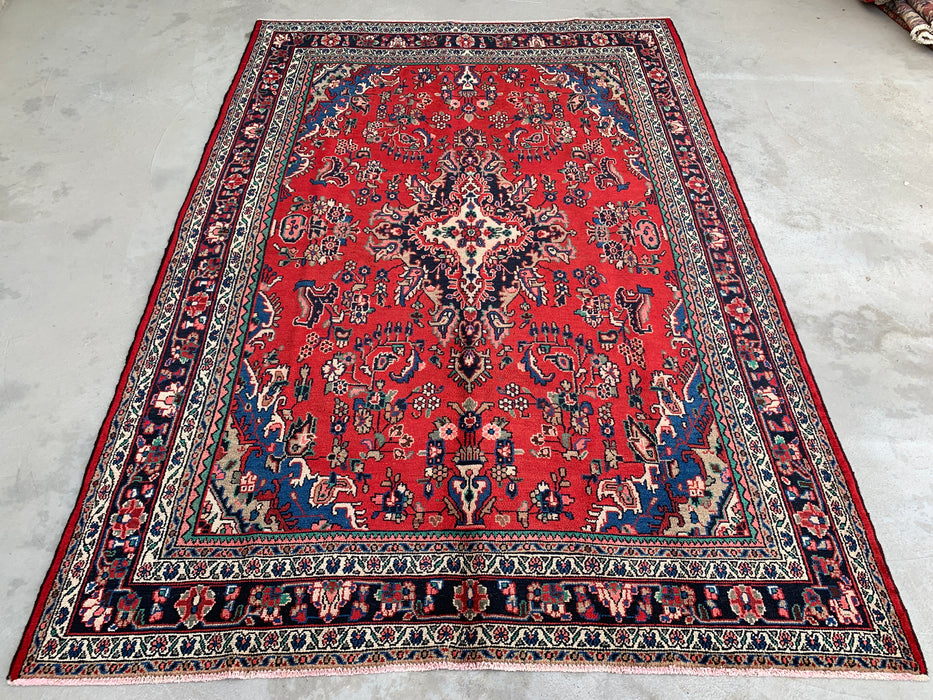 Handgemaakt Perzisch wollen vloerkleed 7x10 - Rood, blauw & ivoor traditioneel bloemenmedaillon Perzische stijl kleed - Exacte afmeting 10'3" x 7'2" - KBHM-1087