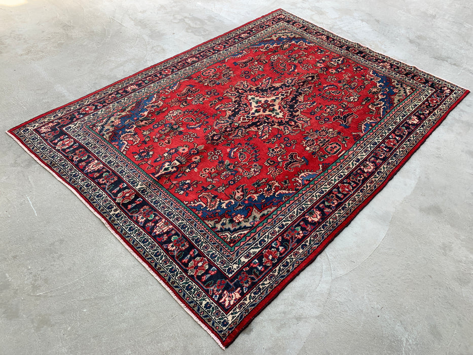 Handgemaakt Perzisch wollen vloerkleed 7x10 - Rood, blauw & ivoor traditioneel bloemenmedaillon Perzische stijl kleed - Exacte afmeting 10'3" x 7'2" - KBHM-1087