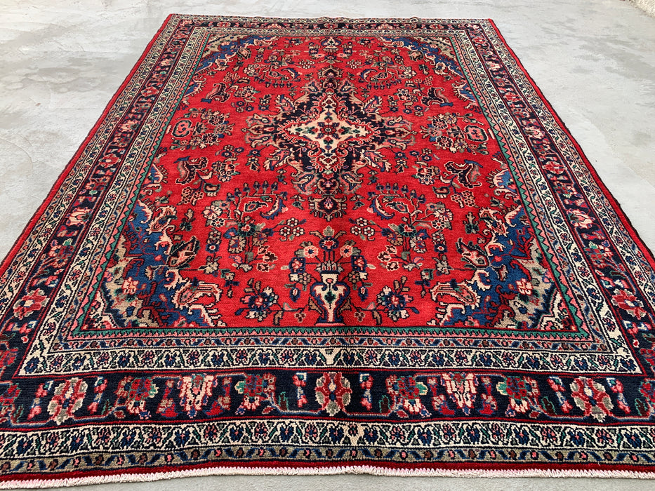 Handgemaakt Perzisch wollen vloerkleed 7x10 - Rood, blauw & ivoor traditioneel bloemenmedaillon Perzische stijl kleed - Exacte afmeting 10'3" x 7'2" - KBHM-1087