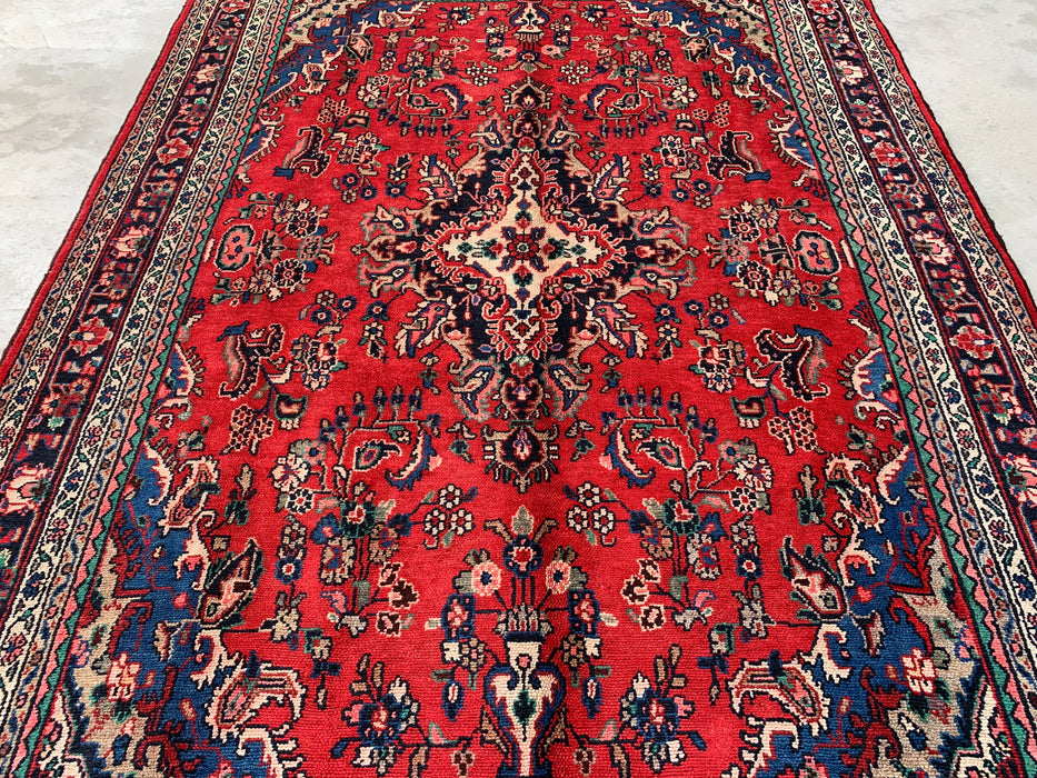 Handgemaakt Perzisch wollen vloerkleed 7x10 - Rood, blauw & ivoor traditioneel bloemenmedaillon Perzische stijl kleed - Exacte afmeting 10'3" x 7'2" - KBHM-1087