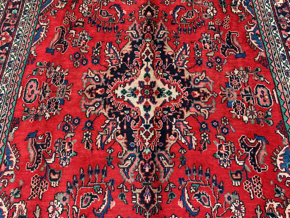 Handgemaakt Perzisch wollen vloerkleed 7x10 - Rood, blauw & ivoor traditioneel bloemenmedaillon Perzische stijl kleed - Exacte afmeting 10'3" x 7'2" - KBHM-1087