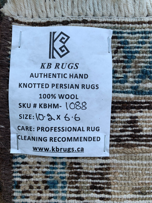 Handgemaakt Perzisch wollen vloerkleed 7x10 - Ivoor & Blauw traditioneel Perzisch vloerkleed met bloemenmedaillon - Exacte afmeting 10'2" x 6'6" - KBHM-1088
