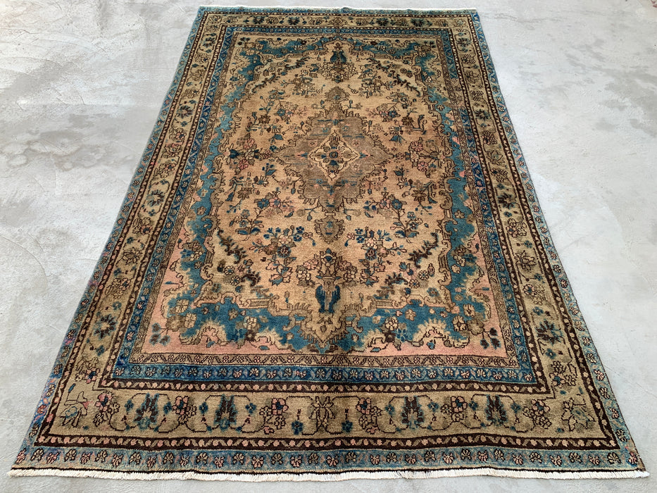Handgemaakt Perzisch wollen vloerkleed 7x10 - Ivoor & Blauw traditioneel Perzisch vloerkleed met bloemenmedaillon - Exacte afmeting 10'2" x 6'6" - KBHM-1088