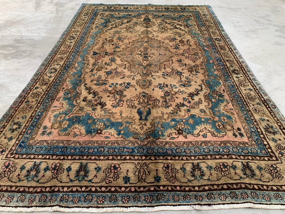 Handgemaakt Perzisch wollen vloerkleed 7x10 - Ivoor & Blauw traditioneel Perzisch vloerkleed met bloemenmedaillon - Exacte afmeting 10'2" x 6'6" - KBHM-1088