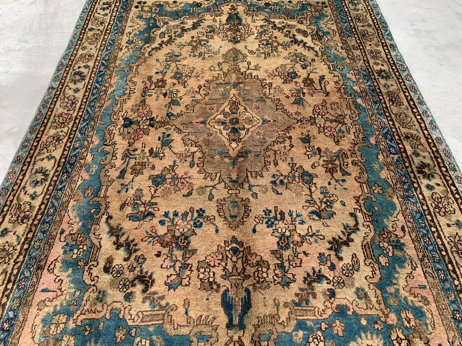 Handgemaakt Perzisch wollen vloerkleed 7x10 - Ivoor & Blauw traditioneel Perzisch vloerkleed met bloemenmedaillon - Exacte afmeting 10'2" x 6'6" - KBHM-1088