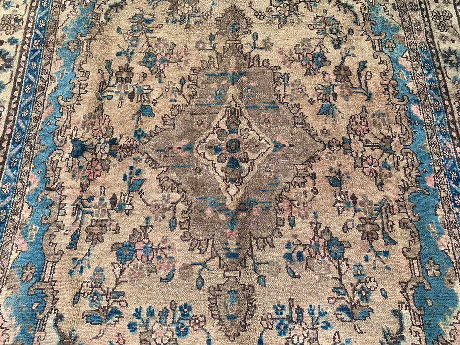 Handgemaakt Perzisch wollen vloerkleed 7x10 - Ivoor & Blauw traditioneel Perzisch vloerkleed met bloemenmedaillon - Exacte afmeting 10'2" x 6'6" - KBHM-1088