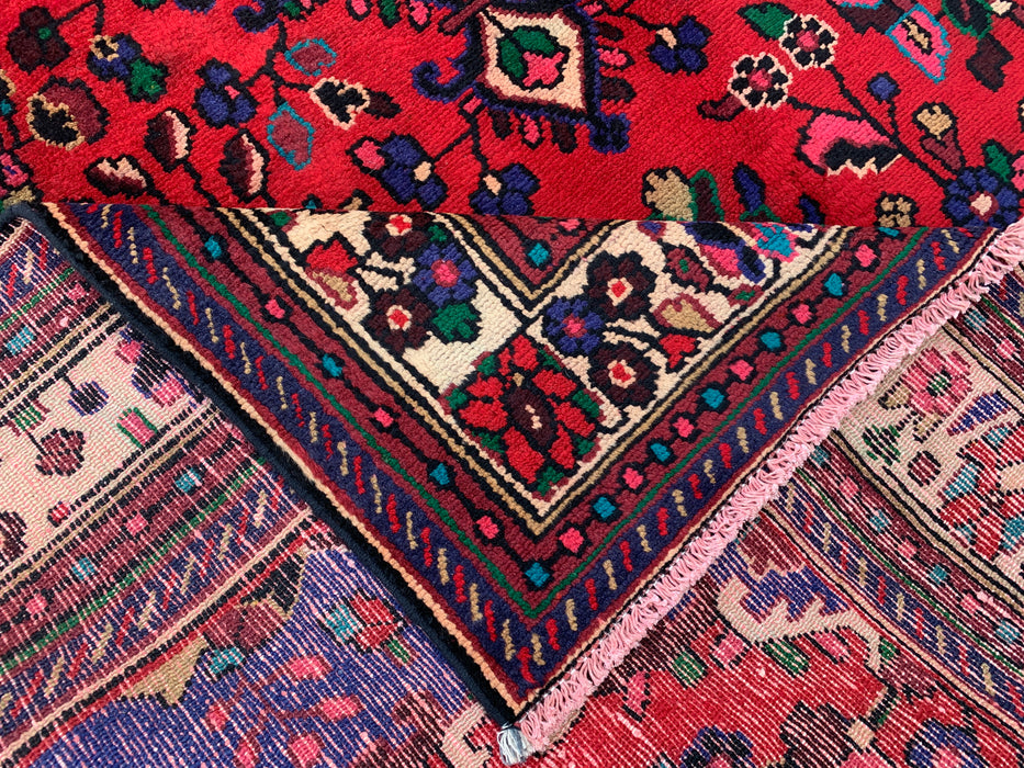 Handgeweven Perzisch wollen karpet 7x10 - Rood, blauw & ivoorkleurig Perzisch vloerkleed met bloemenmedaillon - Exacte maat 9'3" x 6'9" - KBHM-1089