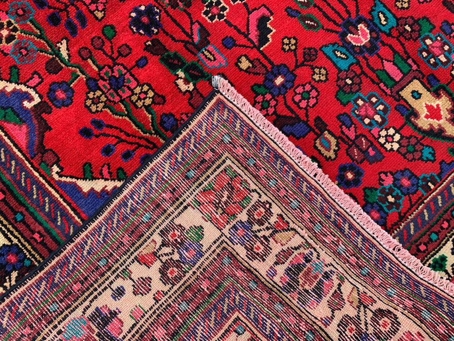 Handgeweven Perzisch wollen karpet 7x10 - Rood, blauw & ivoorkleurig Perzisch vloerkleed met bloemenmedaillon - Exacte maat 9'3" x 6'9" - KBHM-1089