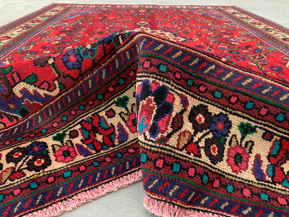 Handgeweven Perzisch wollen karpet 7x10 - Rood, blauw & ivoorkleurig Perzisch vloerkleed met bloemenmedaillon - Exacte maat 9'3" x 6'9" - KBHM-1089