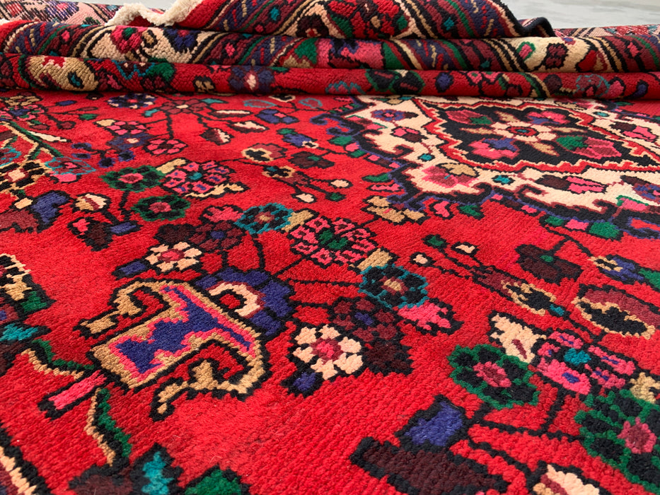 Handgeweven Perzisch wollen karpet 7x10 - Rood, blauw & ivoorkleurig Perzisch vloerkleed met bloemenmedaillon - Exacte maat 9'3" x 6'9" - KBHM-1089