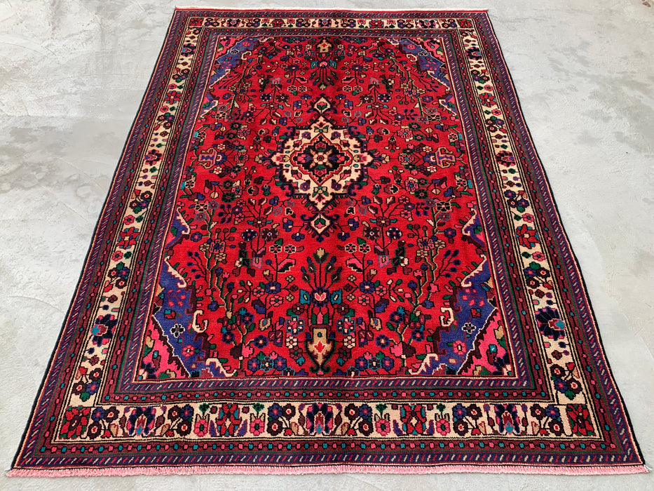 Handgeweven Perzisch wollen karpet 7x10 - Rood, blauw & ivoorkleurig Perzisch vloerkleed met bloemenmedaillon - Exacte maat 9'3" x 6'9" - KBHM-1089