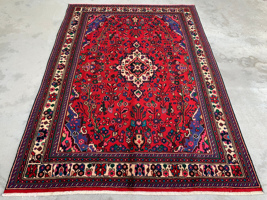 Handgeweven Perzisch wollen karpet 7x10 - Rood, blauw & ivoorkleurig Perzisch vloerkleed met bloemenmedaillon - Exacte maat 9'3" x 6'9" - KBHM-1089