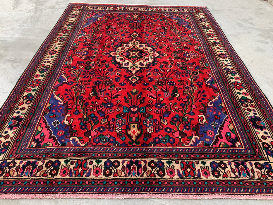Handgeweven Perzisch wollen karpet 7x10 - Rood, blauw & ivoorkleurig Perzisch vloerkleed met bloemenmedaillon - Exacte maat 9'3" x 6'9" - KBHM-1089