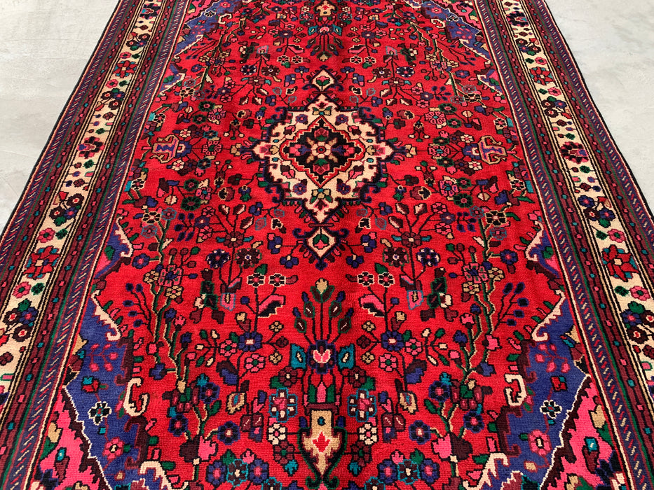 Handgeweven Perzisch wollen karpet 7x10 - Rood, blauw & ivoorkleurig Perzisch vloerkleed met bloemenmedaillon - Exacte maat 9'3" x 6'9" - KBHM-1089