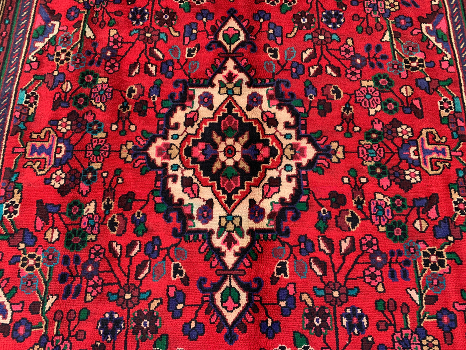 Handgeweven Perzisch wollen karpet 7x10 - Rood, blauw & ivoorkleurig Perzisch vloerkleed met bloemenmedaillon - Exacte maat 9'3" x 6'9" - KBHM-1089