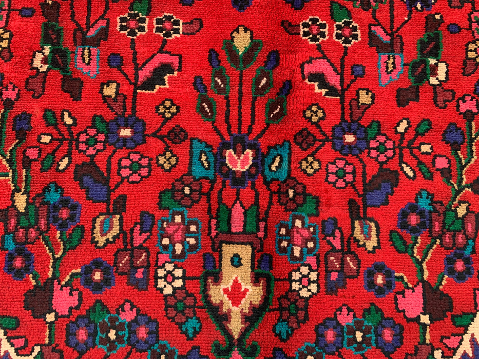 Handgeweven Perzisch wollen karpet 7x10 - Rood, blauw & ivoorkleurig Perzisch vloerkleed met bloemenmedaillon - Exacte maat 9'3" x 6'9" - KBHM-1089