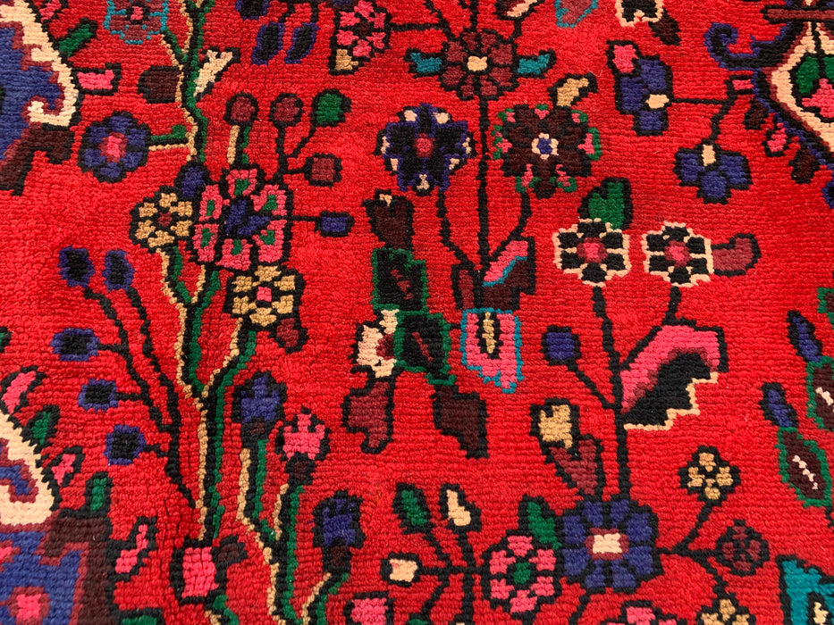 Handgeweven Perzisch wollen karpet 7x10 - Rood, blauw & ivoorkleurig Perzisch vloerkleed met bloemenmedaillon - Exacte maat 9'3" x 6'9" - KBHM-1089