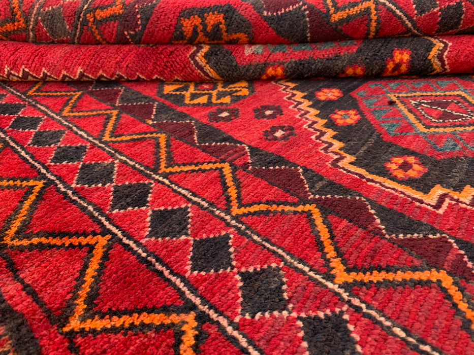 KBHM-1090 Hand-Knotted Persian Wool Rug – 9'9 x 4'7 Red Tribal Geometric Area Rug