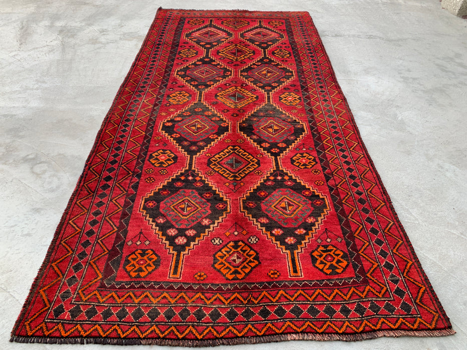 KBHM-1090 Hand-Knotted Persian Wool Rug – 9'9 x 4'7 Red Tribal Geometric Area Rug