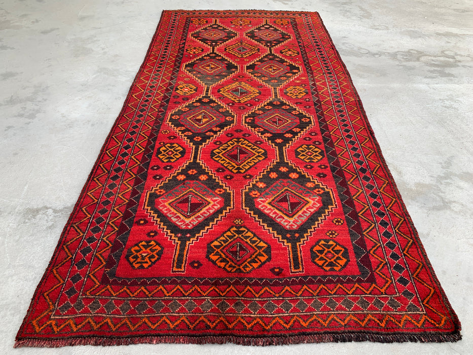 KBHM-1090 Hand-Knotted Persian Wool Rug – 9'9 x 4'7 Red Tribal Geometric Area Rug