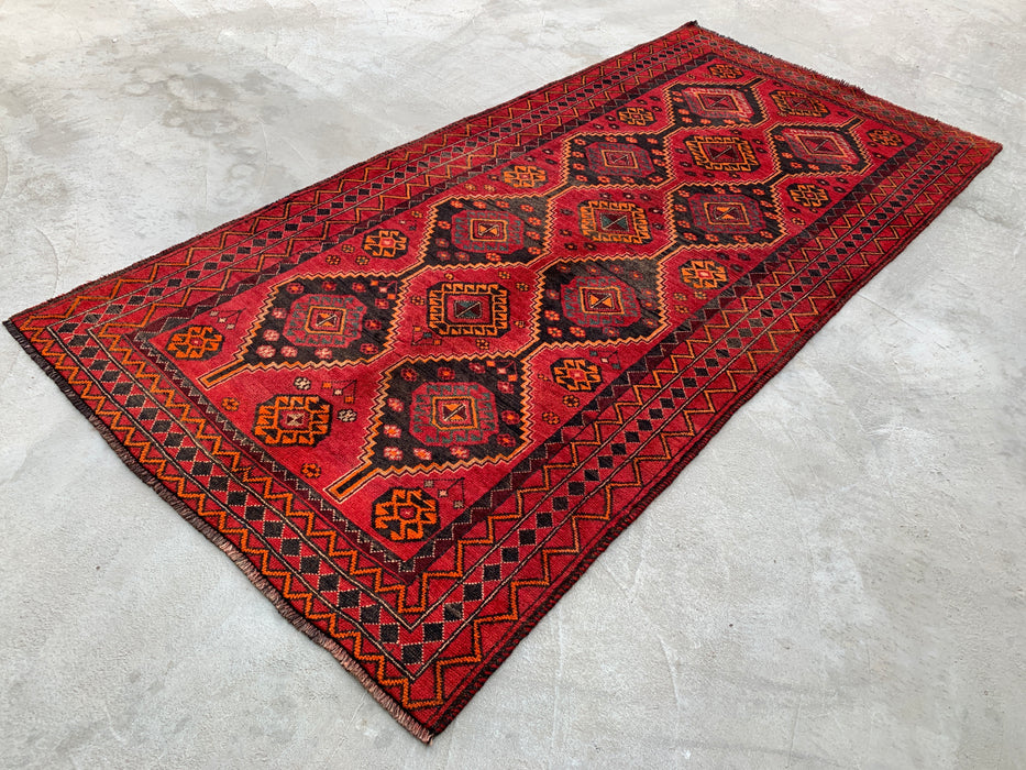 KBHM-1090 Hand-Knotted Persian Wool Rug – 9'9 x 4'7 Red Tribal Geometric Area Rug