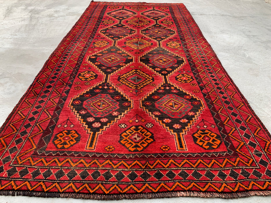 KBHM-1090 Hand-Knotted Persian Wool Rug – 9'9 x 4'7 Red Tribal Geometric Area Rug