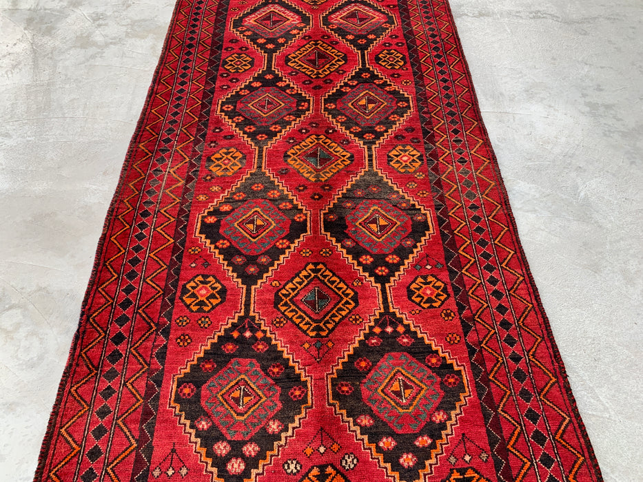 KBHM-1090 Hand-Knotted Persian Wool Rug – 9'9 x 4'7 Red Tribal Geometric Area Rug