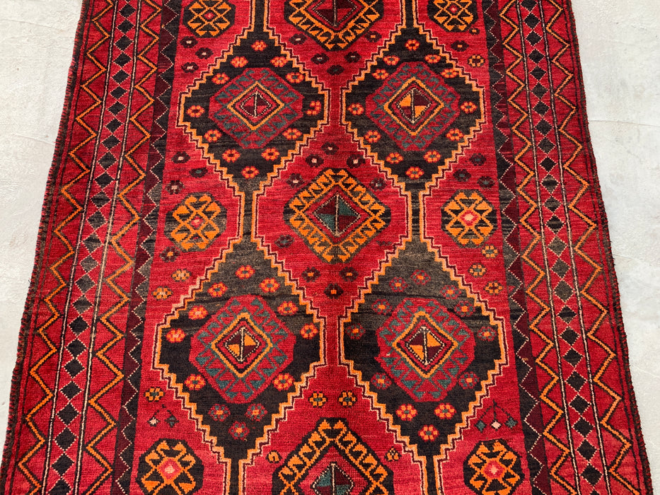 KBHM-1090 Hand-Knotted Persian Wool Rug – 9'9 x 4'7 Red Tribal Geometric Area Rug